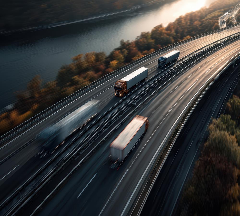 Camiones en una autopista de varios carriles, vista desde el aire