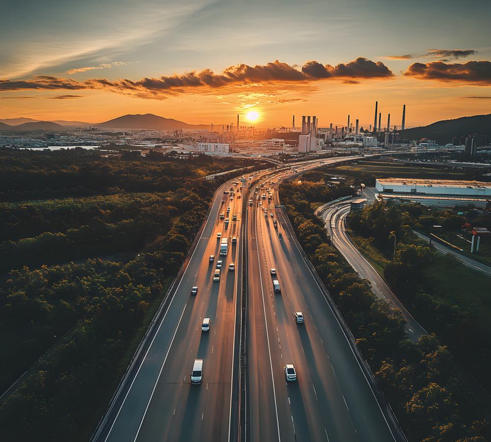 Autopista con tráfico que llega a una zona industrial al atardecer