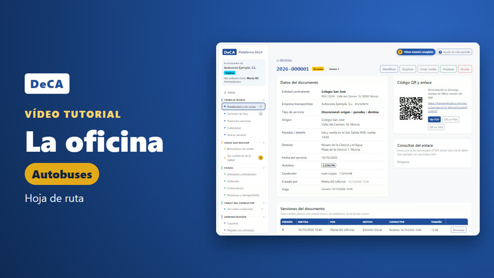 La oficina, autobuses: pantalla de la plataforma con datos de ejemplo