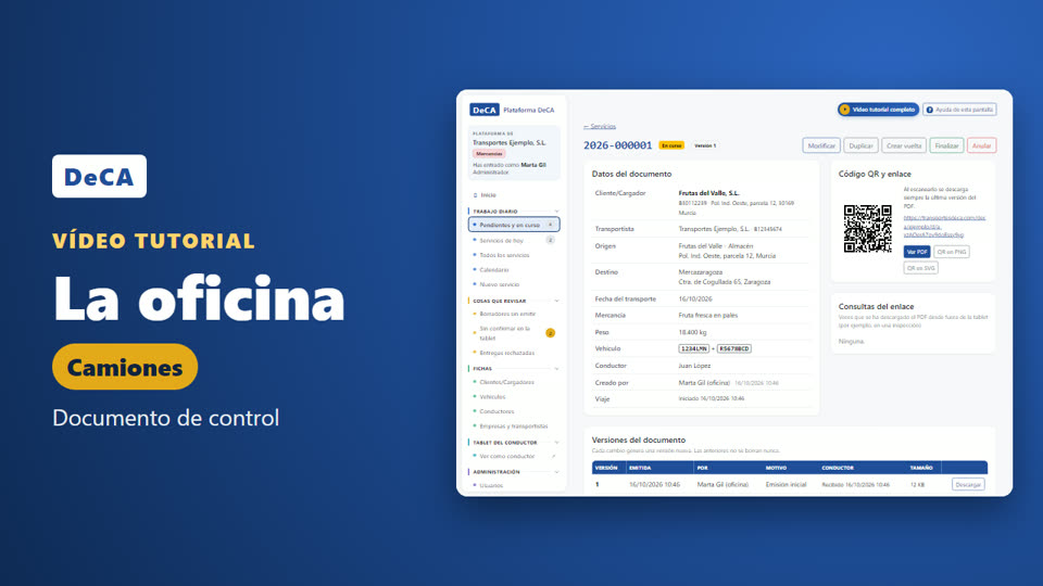 La oficina, camiones: pantalla de la plataforma con datos de ejemplo