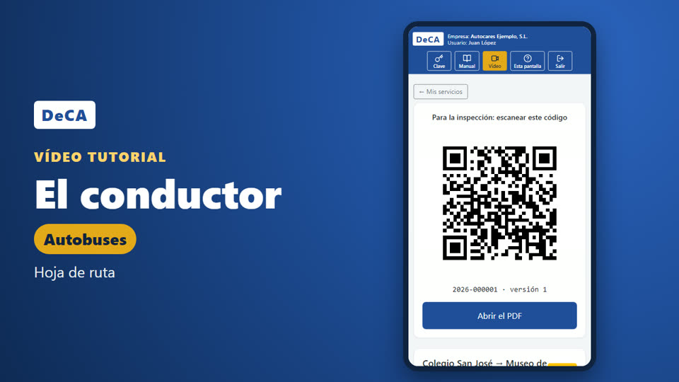 El conductor, autobuses: pantalla de la plataforma con datos de ejemplo